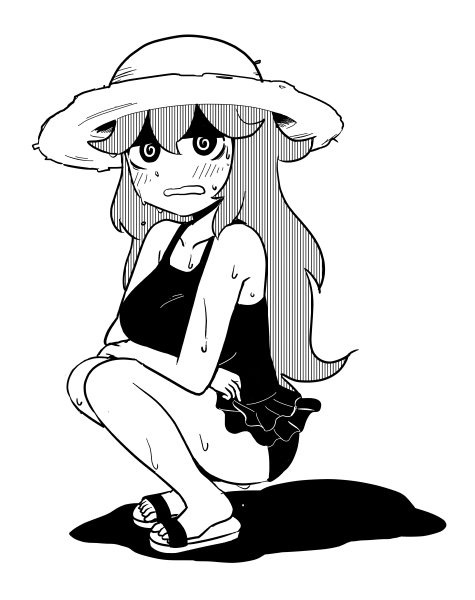 1girl, breasts, female, full_body, hat, hex_maniac_(pokemon), monochrome, npc_trainer, nyaromeron, pokemon, simple_background, solo, squatting, sunflower_hat, swimsuit, white_background