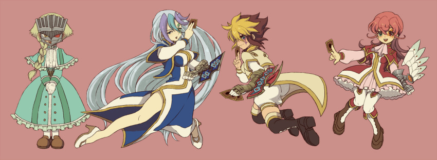 4girls, aqua_hair, ass, blonde_hair, blue_eyes, blue_hair, boots, breasts, card, character_request, cravat, dress, genderswap, gloves, green_eyes, green_hair, heterochromia, high_heels, iii_(yuu-gi-ou_zexal), iv_(yuu-gi-ou_zexal), leggings, mask, multicolored_hair, multiple_girls, one_eye_closed, pink_hair, purple_hair, red_eyes, redhead, short_hair, shorts, siblings, single_braid, single_glove, sisters, smile, v_(yuu-gi-ou_zexal), very_long_hair, white_legwear, wink, yellow_eyes, yu-gi-oh!, yuu-gi-ou_zexal