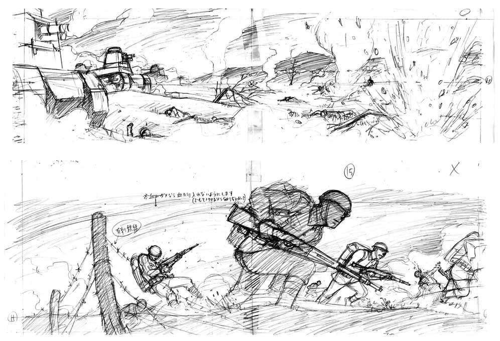 3boys, barbed_wire, battle, comic, gun, hat, helmet, kumagai_haito
