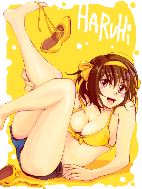 barefoot, bikini_top, blush, breasts, brown_eyes, brown_hair, cika, cleavage