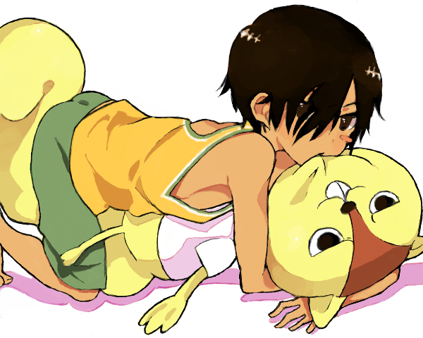 1boy, bakkanda, bare_shoulders, barefoot, biting, blush, brown_eyes, brown_hair