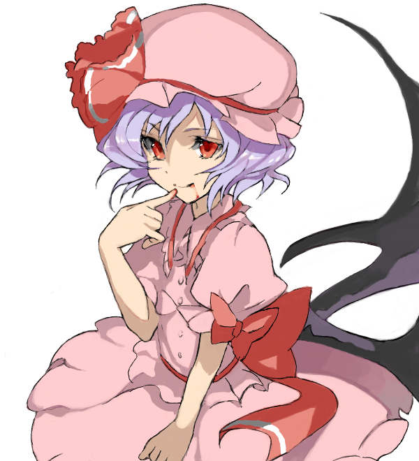 1girl, bakkanda, blood, closed_mouth, dress, finger_to_mouth, hat, hat_ribbon