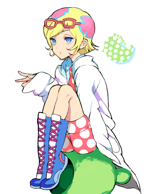 1boy, androgynous, bakkanda, blonde_hair, blue_eyes, boots, child, collared_shirt