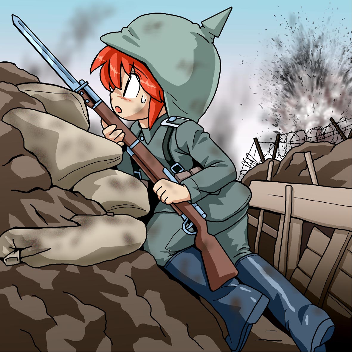 1girl, barbed_wire, bayonet, boots, female, gun, helmet, military_uniform