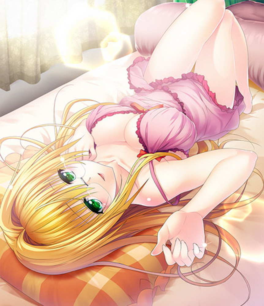 1girl, arm_up, bed, bed_sheet, blonde_hair, blush, breasts, cleavage