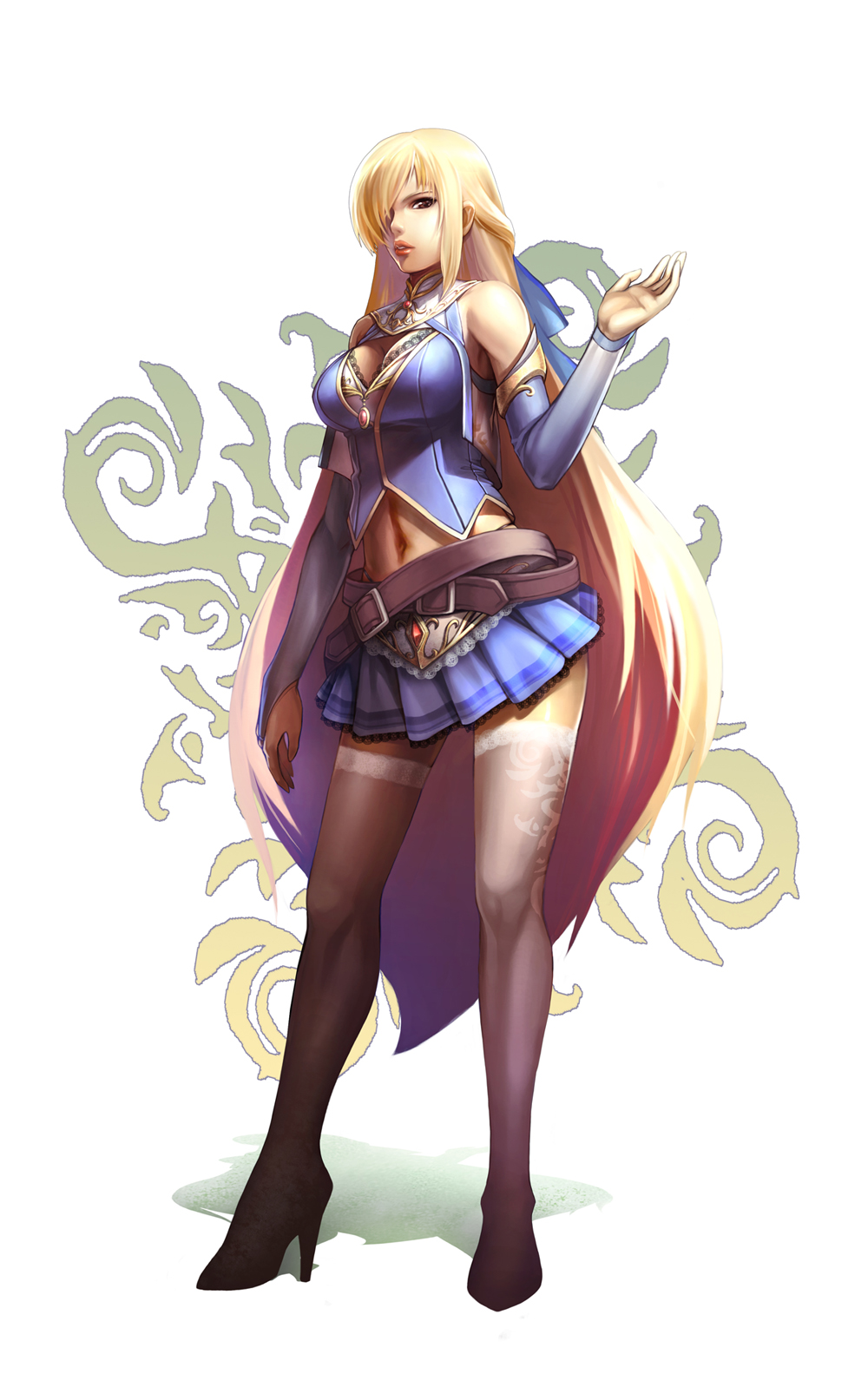 110_(pixiv), brown_eyes, dominic, hair_over_one_eye, highres, long_hair, navel, original