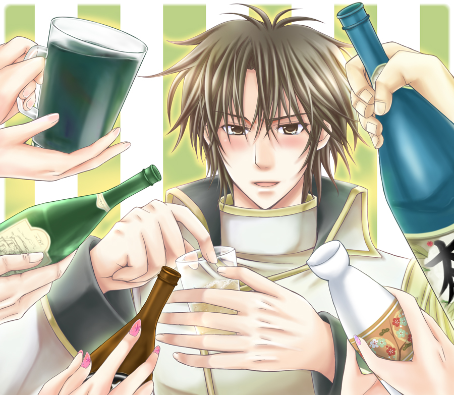 1boy, blush, bottle, brown_hair, drunk, glass, military_uniform, sake, shiny, shiny_hair, solo_focus, super_robot_wars, super_robot_wars_original_generation, tetsuya_onodera, uniform, wine