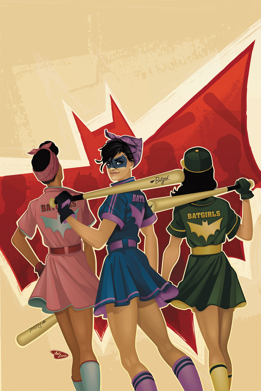 3girls, alysia_yeoh, bandanna, baseball_bat, baseball_cap, baseball_uniform, bat_symbol, bette_kane