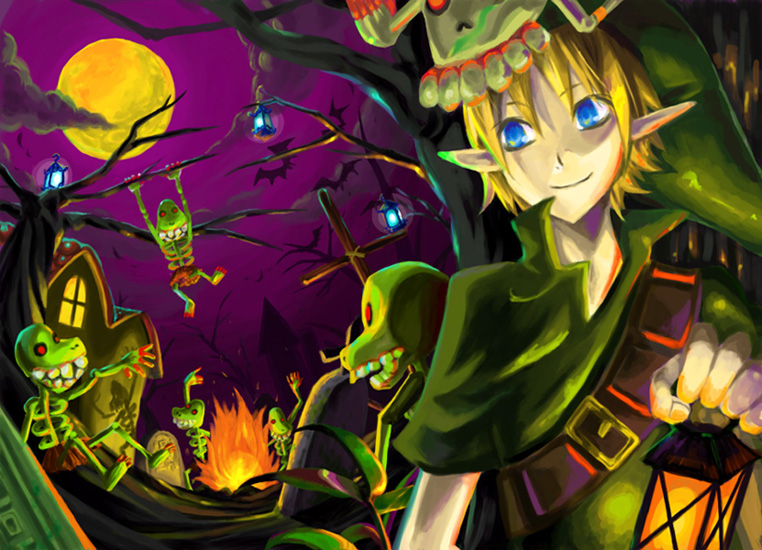 bat, bats, blonde_hair, blue_eyes, campfire, hat, lamp, link