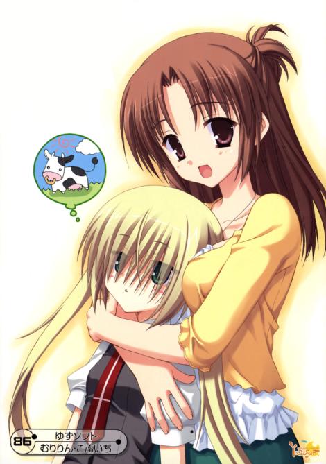 brown_eyes, brown_hair, cow, empty_x_embryo, green_eyes, hair_over_eyes, hug, hug_from_behind, jpeg_artifacts, kobuichi, kono_natsuki, muririn, shiramine_saya, thought_bubble