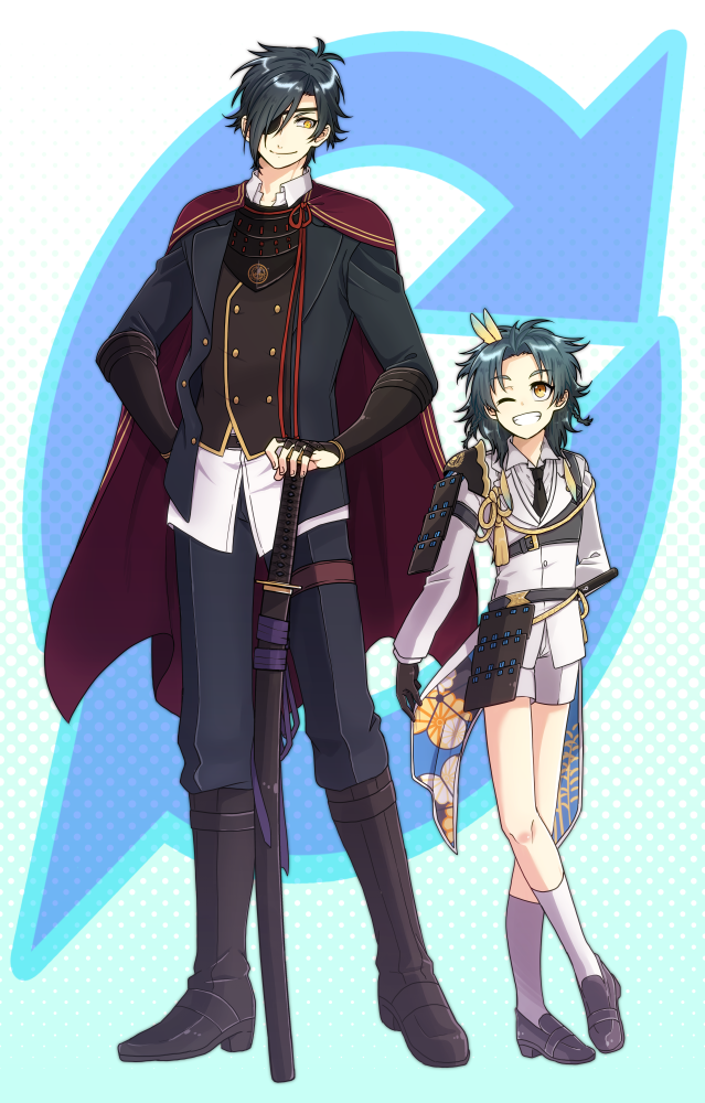 2boys, armor, black_hair, blue_hair, boots, cape, eyepatch, feathers