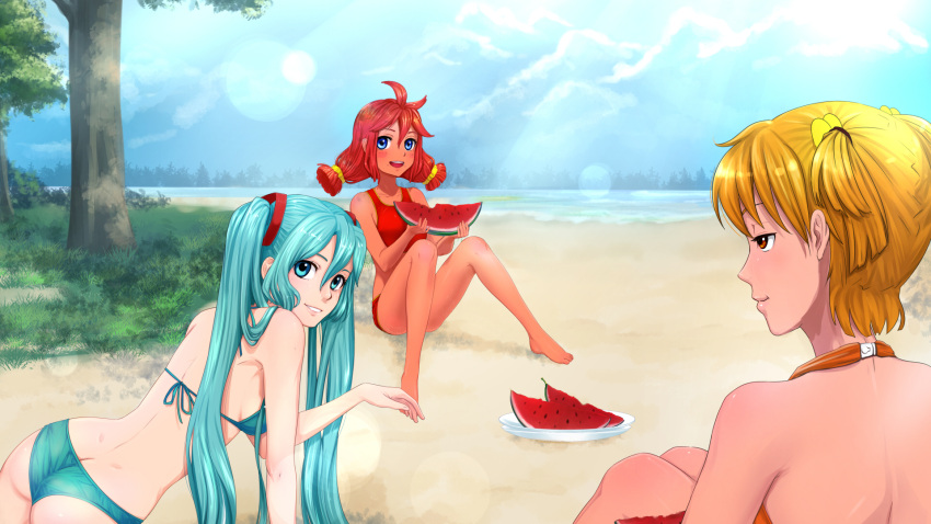 3girls, ass, bikini, blue_eyes, blue_hair, everlasting_summer, hatsune_miku, multiple_girls