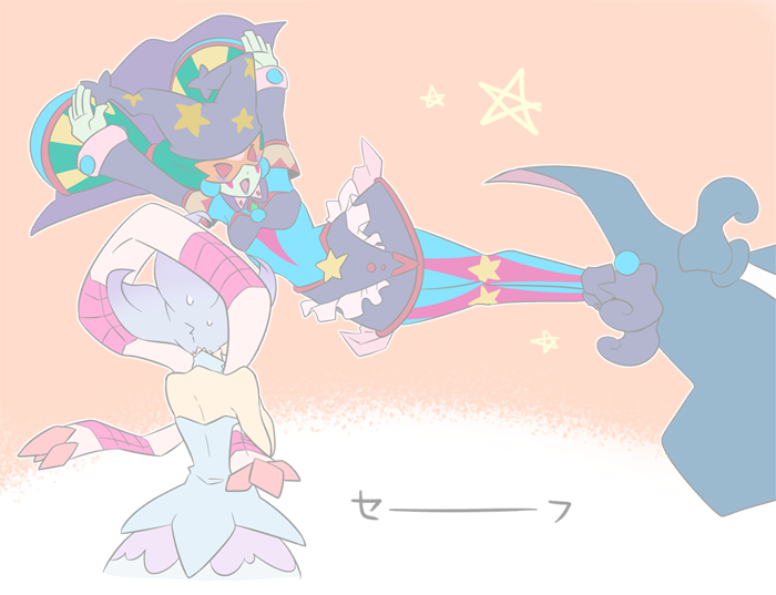 1boy, 2girls, bloom_diva_the_melodious_choir, blue_hair, cape, domino_mask, dress, duel_monster