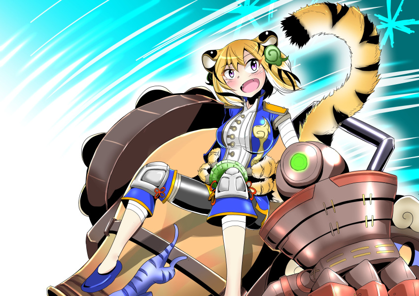 1girl, animal_ears, chinese_clothes, claw_(weapon), duel_monster, fangs, smile, tail, tiger, tiger_girl, violet_eyes, yu-gi-oh!, zodiac_beast_tigress