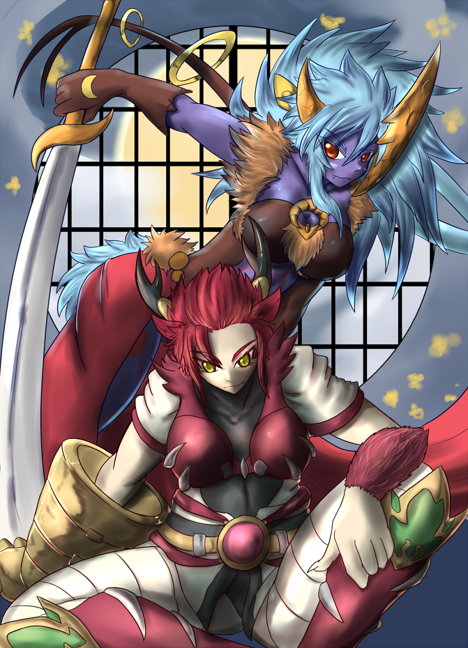 2girls, breasts, cape, cat_girl, claw_(weapon), crescent_moon, dancer, dragon_girl