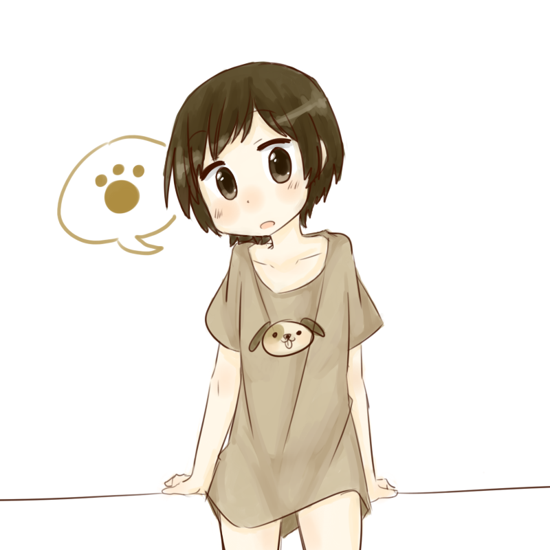 1girl, brown_hair, female, open_mouth, paw_print, rori_(4chan), shirt, short_hair, solo, t-shirt, white_background