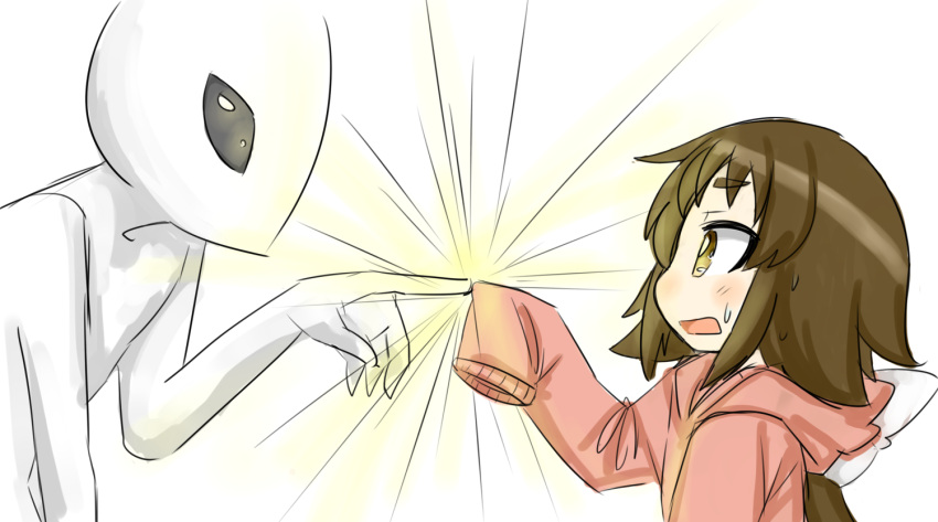 1girl, alien, brown_hair, hood, hoodie, mikakunin_de_shinkoukei, mitsumine_mashiro, open_mouth, rori_(4chan), sleeves_past_wrists, sweatdrop, white_background