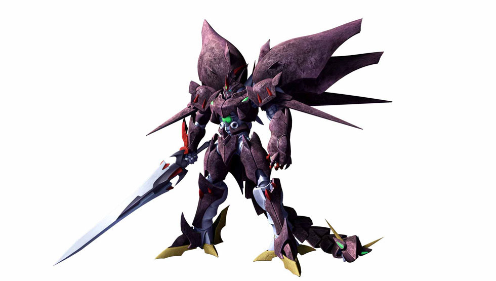 banpresto, full_body, mecha, no_humans, official_art, simple_background, solo, standing, super_robot_wars, super_robot_wars_the_lord_of_elemental, sword, tail, weapon, wings, zelvoid