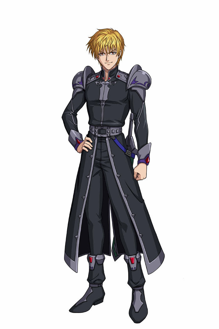 1boy, banpresto, belt, black_jacket, blonde_hair, boots, coat, elan_zenosakis, full_body, hand_on_hip, jacket, male_focus, official_art, pauldrons, scabbard, sheathed_sword, simple_background, solo, super_robot_wars, super_robot_wars_the_lord_of_elemental, sword, weapon
