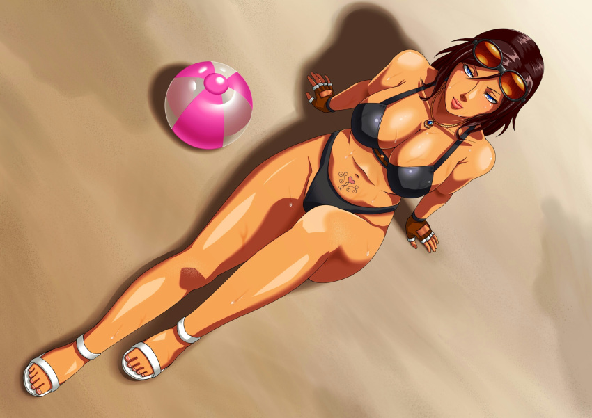 1girl, bikini, blue_eyes, breasts, brown_hair, cleavage, fingerless_gloves, glasses