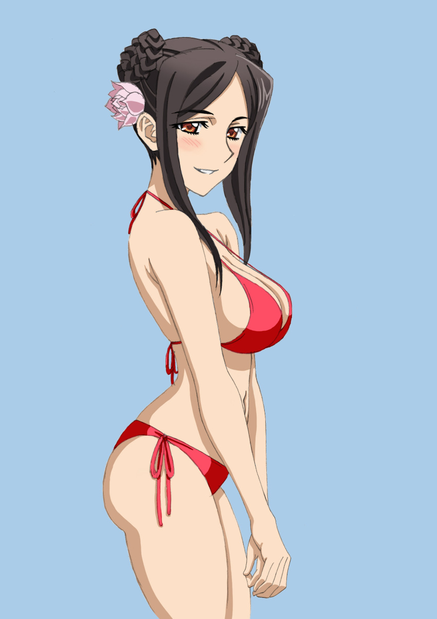 1girl, ass, bangs, bikini, black_hair, blush, breasts, cleavage