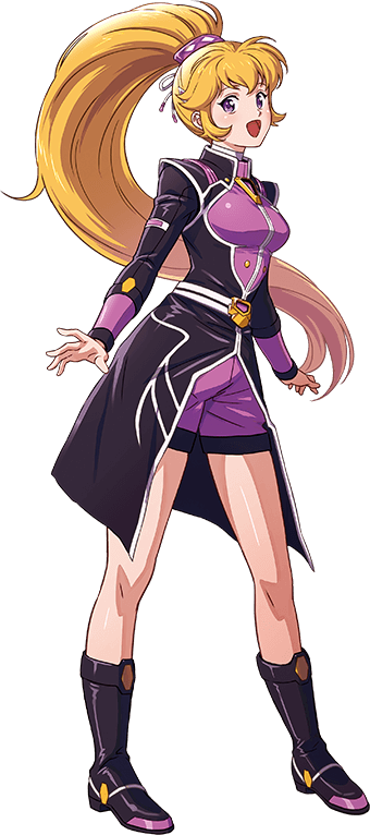 1girl, banpresto, belt, blonde_hair, boots, full_body, jacket, long_hair, official_art, open_mouth, pink_eyes, sally_emil, shorts, smile, solo, super_robot_wars, super_robot_wars_gc, super_robot_wars_og_moon_dwellers, transparent_background