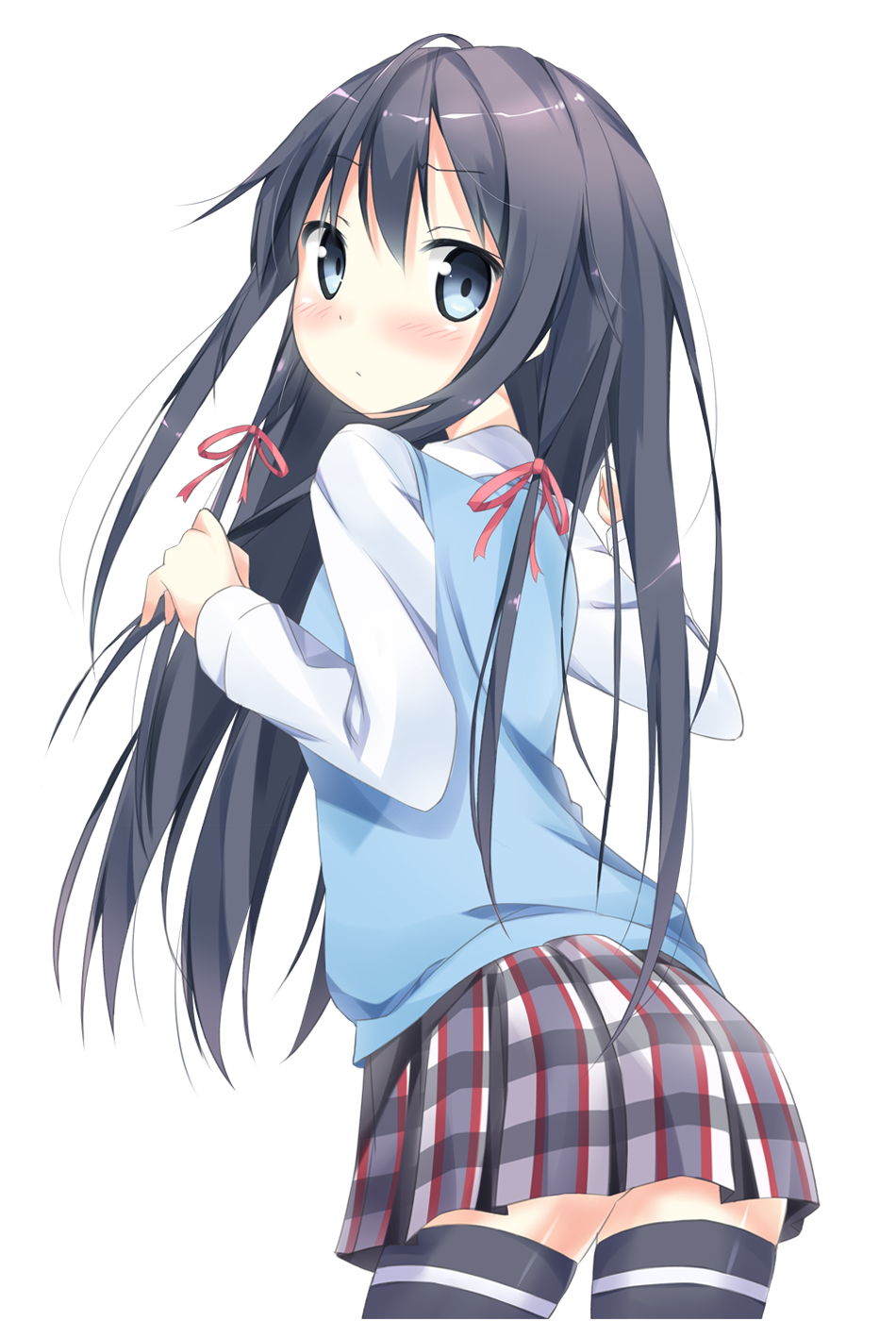 1girl, black_hair, blue_eyes, blush, hair_ribbon, long_hair, ribbon, school_uniform