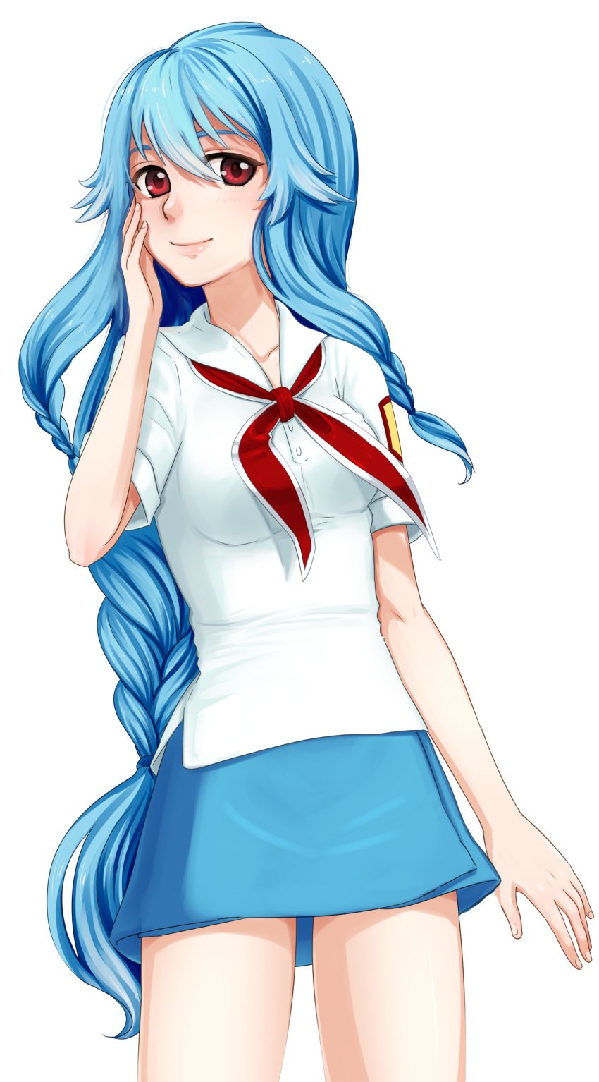1girl, blue_hair, nika, orikanekoi, pioneer, red_eyes