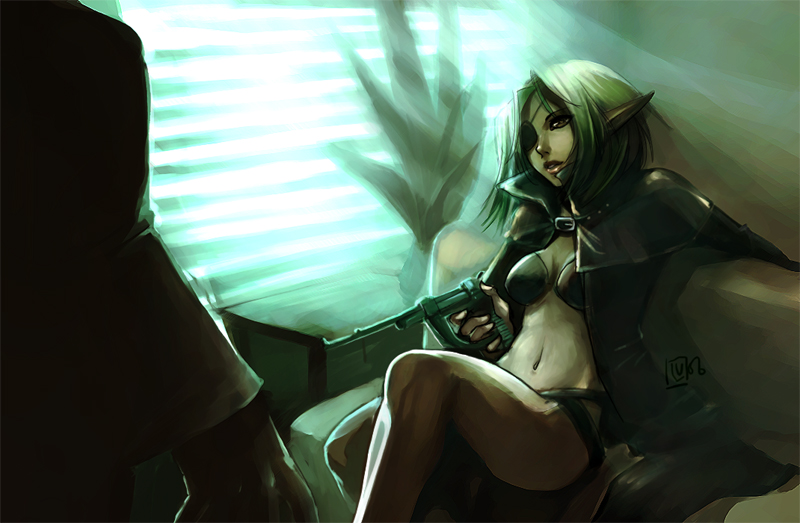 cape, elf, eyepatch, female, gun, kheleksul, midriff, original, plant, pointy_ears, red_eyes, short_hair, weapon, white_hair, window