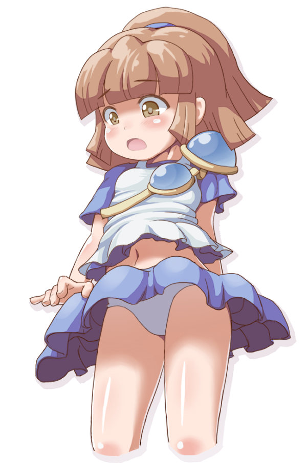 1girl, arle_nadja, blush, child, cowboy_shot, drizzlea, eyebrows, hair_ornament, navel, open_mouth, pantyshot, pantyshot_(standing), puyopuyo, scrunchie, shiny, shiny_hair, shiny_skin, simple_background, skirt, solo, standing, upskirt, white_background