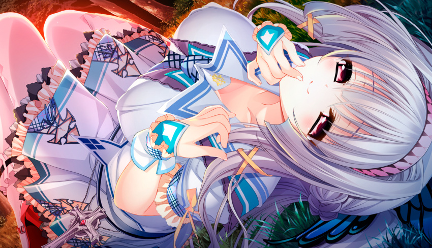 1girl, blush, breasts, dress, female, game_cg, hair_ornament, large_breasts, long_hair, looking_at_viewer, lying, mayoeru_futari_to_sekai_no_subete, red_eyes, saeki_touka, school_uniform, smile, solo, uniform, white_hair, youta