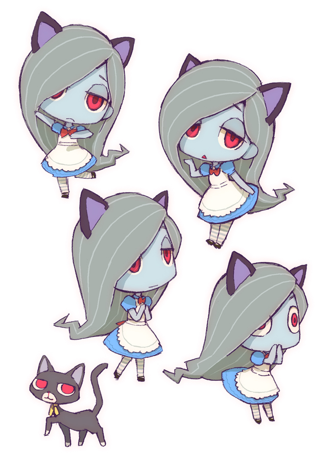 1girl, alternate_color, animal, blue_skin, cat, cat_ears, character_sheet, chibi