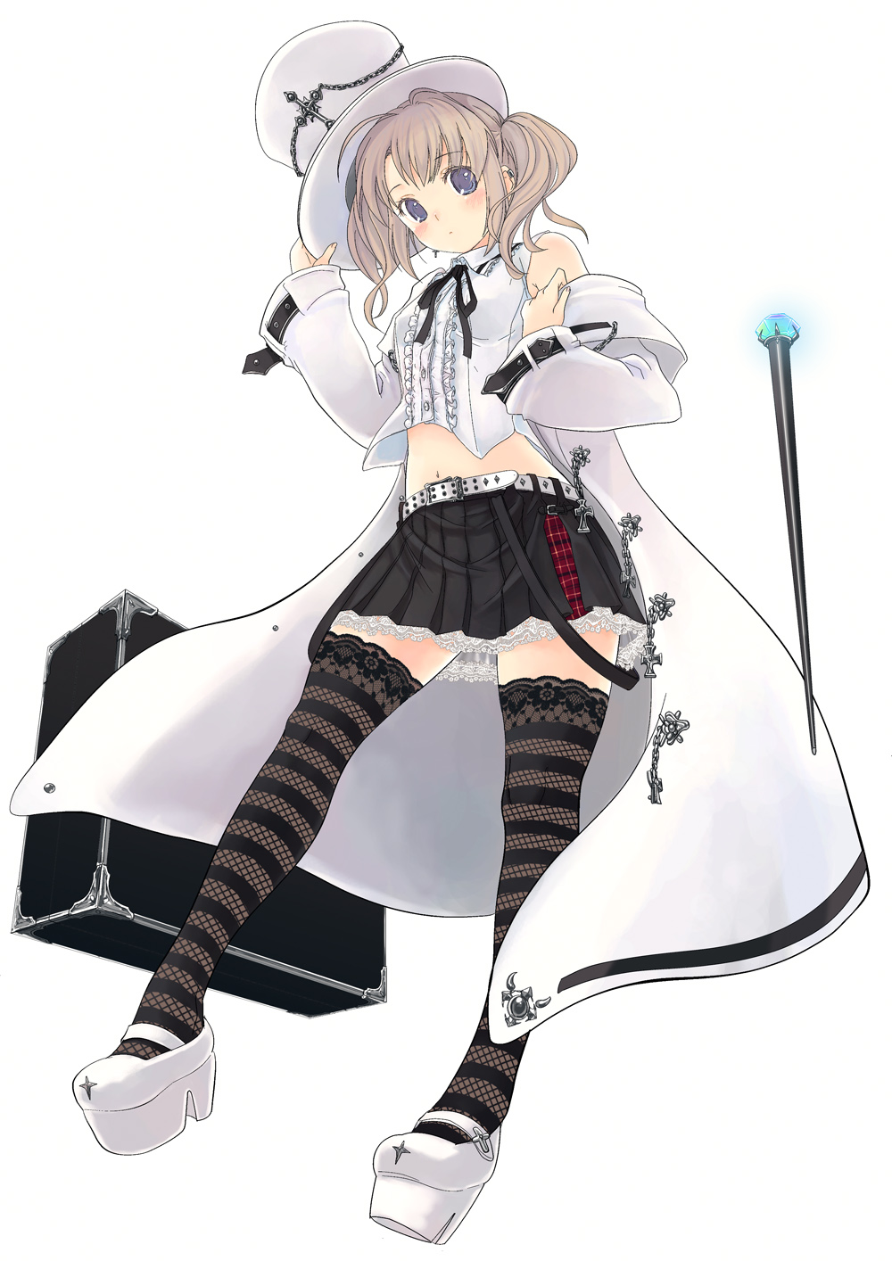 blue_eyes, blush, brown_hair, cape, corset, fish_nets, frills, gothic