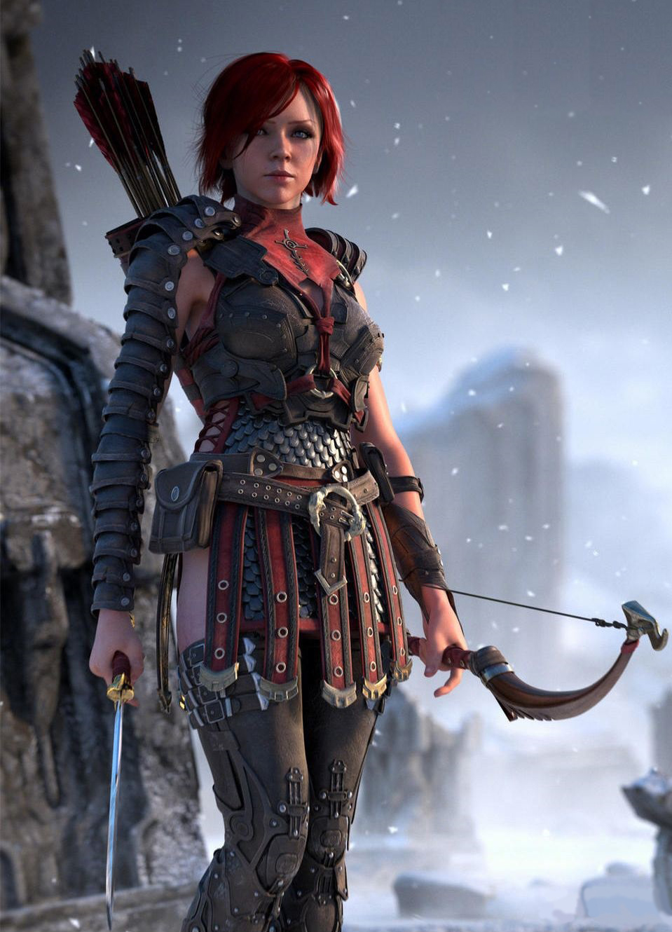 1girl, 3d, armor, arrow, bow_(weapon), dragon_age, leliana_(dragon_age), pteruges