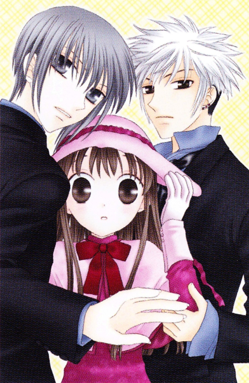 1girl, 2boys, bangs, black_necktie, bow, brown_eyes, brown_hair, capelet