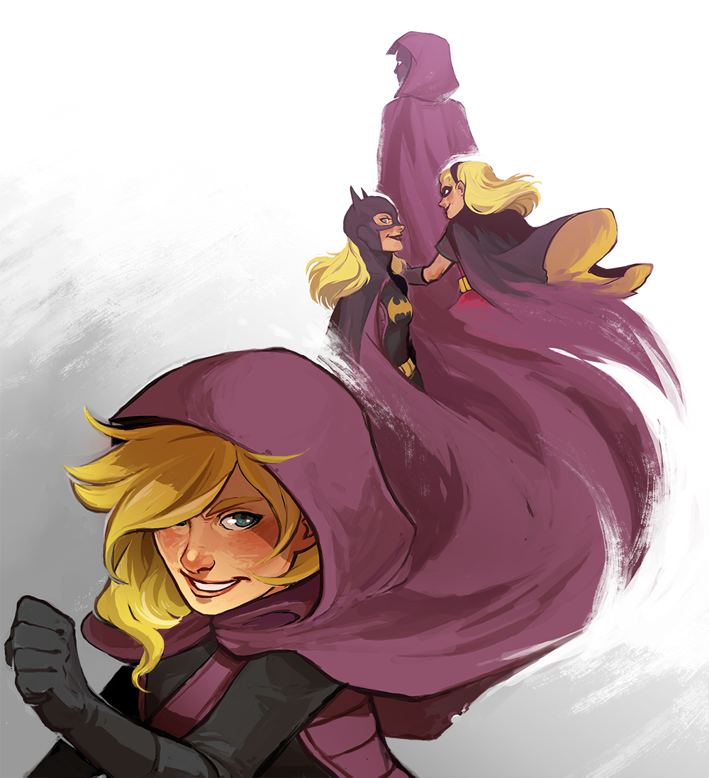1girl, animal_ears, batgirl, batman_(series), blonde_hair, blue_eyes, cape, dc_comics