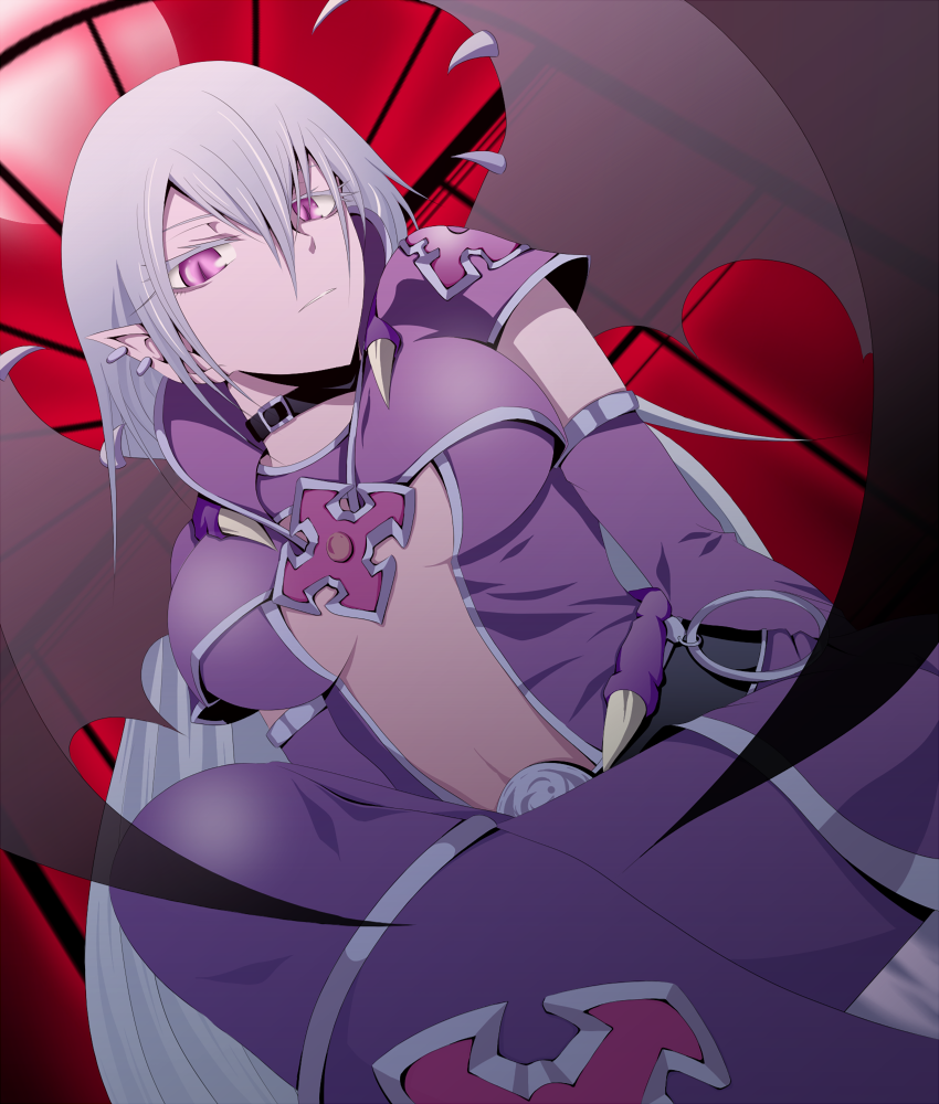 1girl, breasts, duel_monster, looking_at_viewer, monster_girl, pink_eyes, pointy_ears, silver_hair