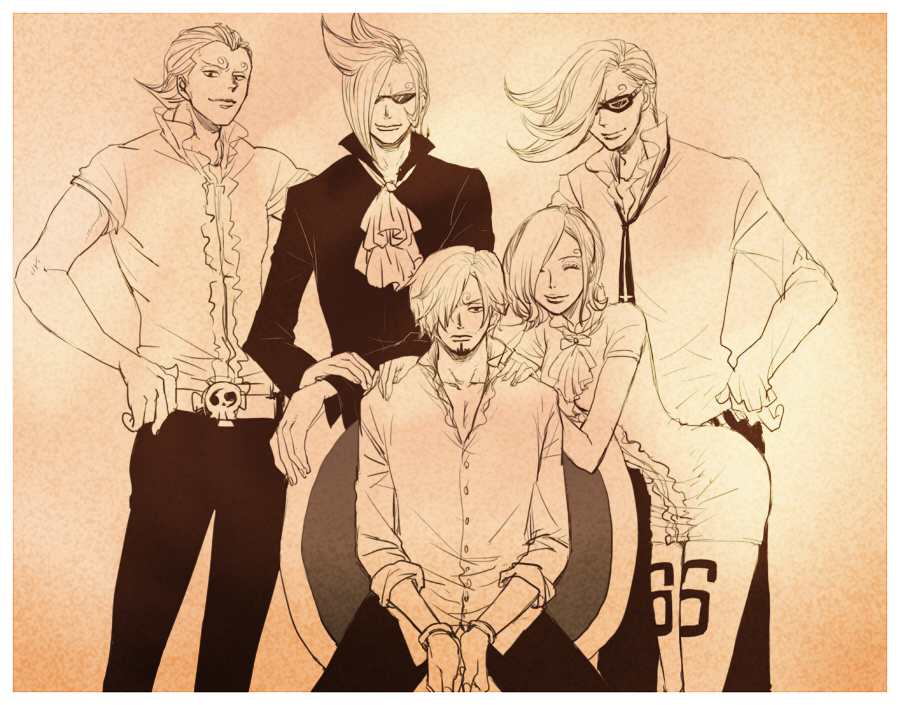 1girl, 4boys, brother_and_sister, brothers, glasses, goatee, hair_over_one_eye, handcuffs