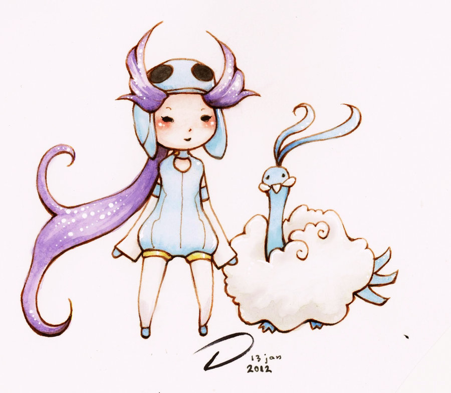 1girl, altaria, bird, blush, chibi, closed_eyes, ellidena, gloves, gym_leader, long_hair, nagi_(pokemon), pokemon, pokemon_(creature), pokemon_(game), pokemon_rse, simple_background, smile