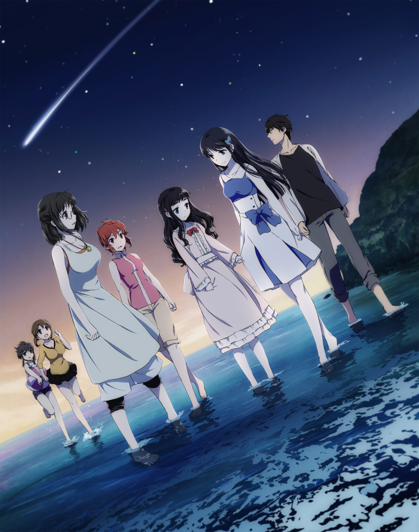 1boy, 6+girls, barefoot, black_hair, black_shirt, blue_eyes, brown_hair, chiba_erika