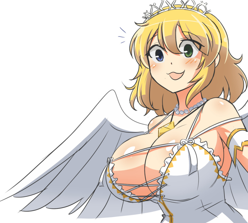 1girl, blonde_hair, breasts, colorfag, heterochromia, huge_breasts, jewelry, matsu-sensei