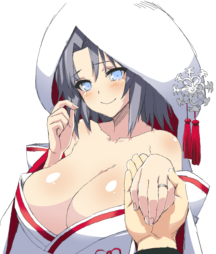 1boy, 1girl, breasts, colorfag, huge_breasts, looking_at_viewer, pov, senran_kagura