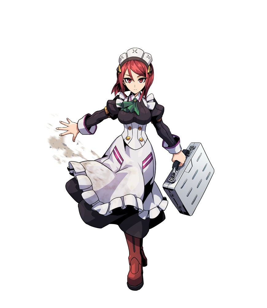 1girl, azure_striker_gunvolt, boots, briefcase, dust, maid, maid_outfit, nori_(gunvolt)