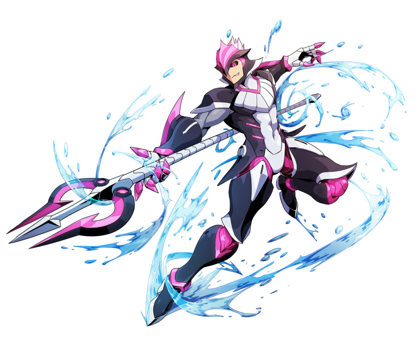 1boy, armor, azure_striker_gunvolt, black_sclera, helmet, nimrod_(gunvolt), official_art, pink_eyes