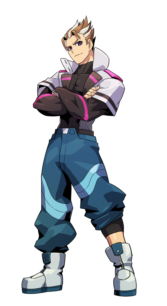 1boy, azure_striker_gunvolt, crossed_arms, jacket, multicolored_hair, nimrod_(gunvolt), official_art, pink_eyes