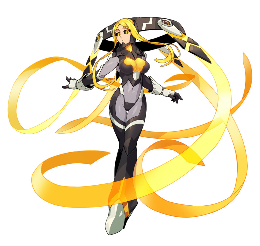 1girl, armor, azure_striker_gunvolt, black_sclera, blonde_hair, nike_(gunvolt), official_art, yellow_eyes