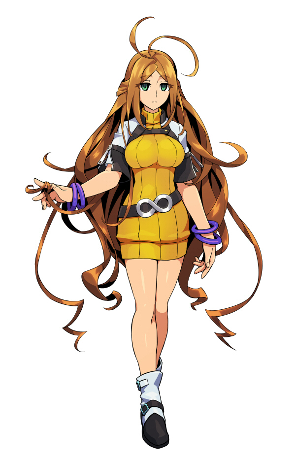 1girl, azure_striker_gunvolt, bangle, belt, green_eyes, nike_(gunvolt), official_art, orange_hair