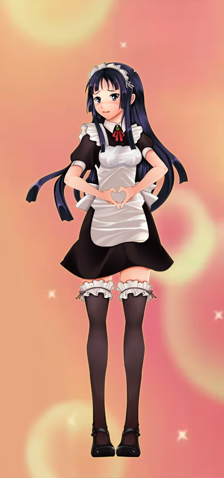alternate_costume, apron, bangs, black_eyes, black_hair, black_legwear, black_thighhighs, blunt_bangs, blush, cruizer, dress, embarrassed, enmaided, garters, hair_ornament, heart, heart_hands, highres, hime_cut, k-on!, legs, long_hair, maid, maid_headdress, moe_moe_kyun!, payot, shoes, short_dress, solo, standing, tears, thigh-highs, thighhighs, zettai_ryouiki