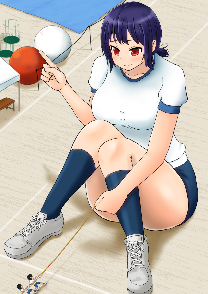 1girl, bloomers, blue_hair, giantess, gym_shorts, ponytail, red_eyes, rope, tug-of-war