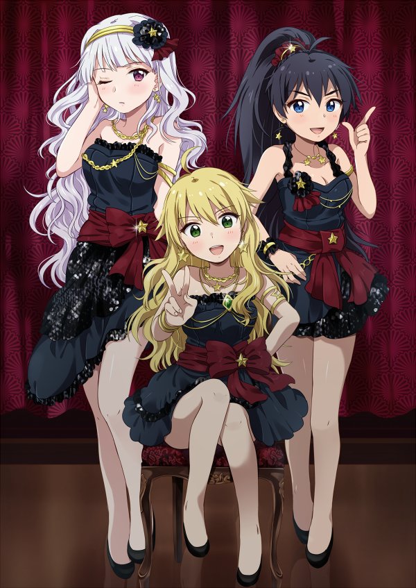 3girls, black_dress, black_hair, black_shoes, blonde_hair, blue_eyes, breasts, cleavage